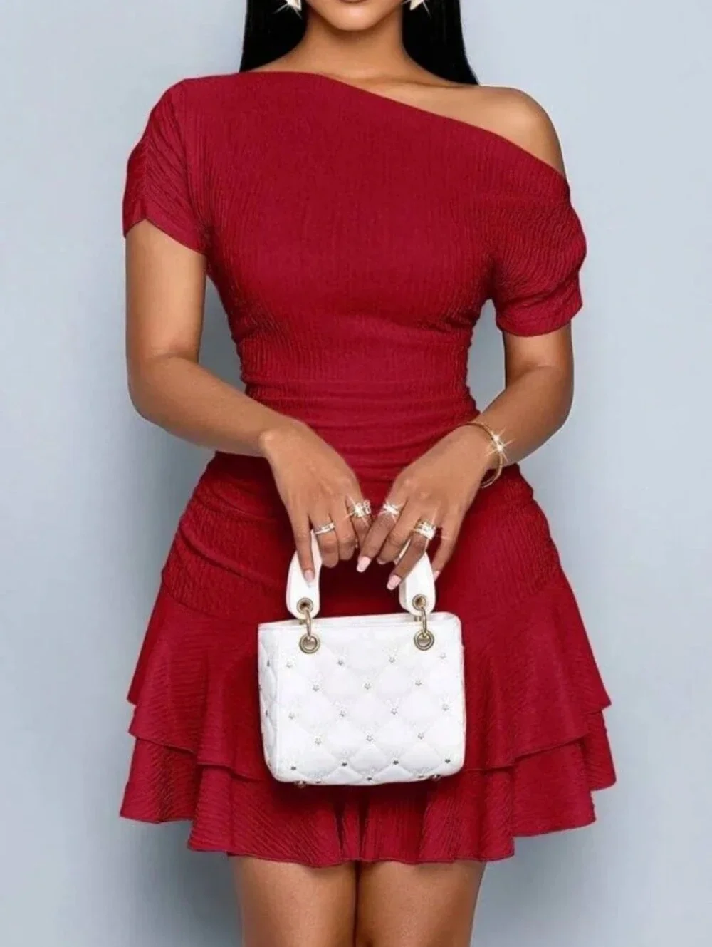 Off-Shoulder Textured Bodycon Ruched Ruffle Hem Dress in Deep Red - Picture 4 of 7